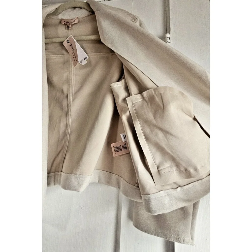 NWT Philosophy woman Sz 1X cream faux leather suede‎ open front moto jacket